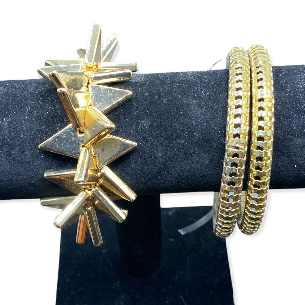 Gold tone bracelets one plastic spikes stretchy and two open mesh metal bangles